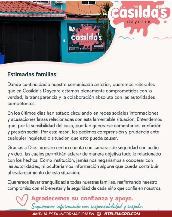Comunicado de guarderia involucrada en suceso.